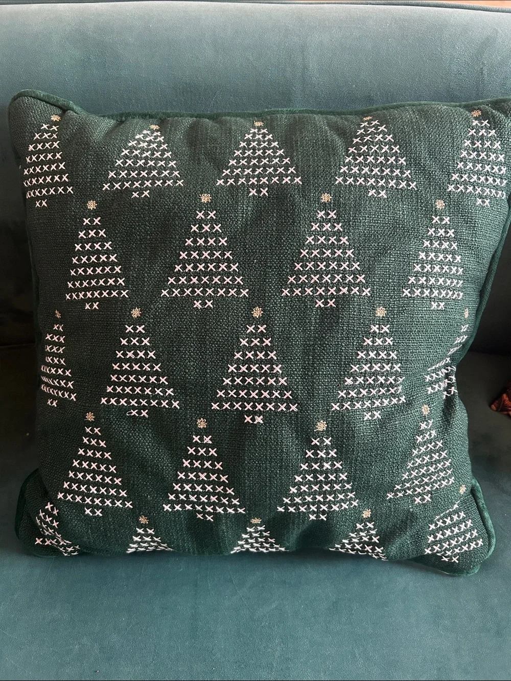 Kirklands Dark Green Holiday Tree Embroidered Pillow